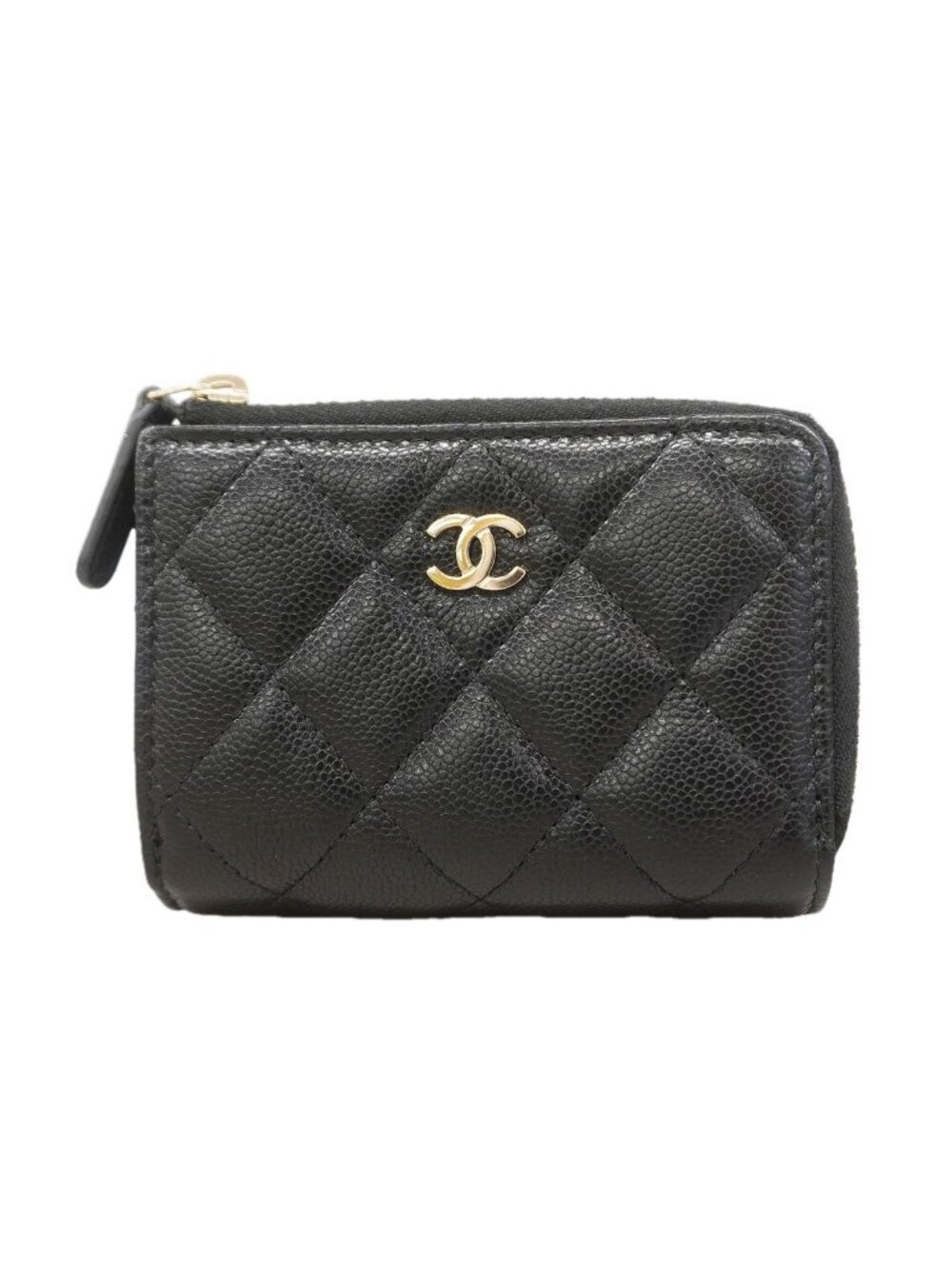 Chanel Trifold Wallet Quilted Caviar Leather Black Champagne Gold